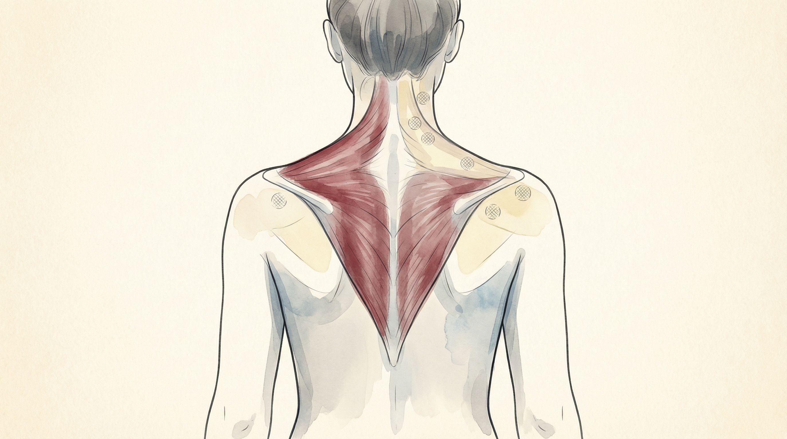 Anatomical illustration of the trapezius muscle and injection points