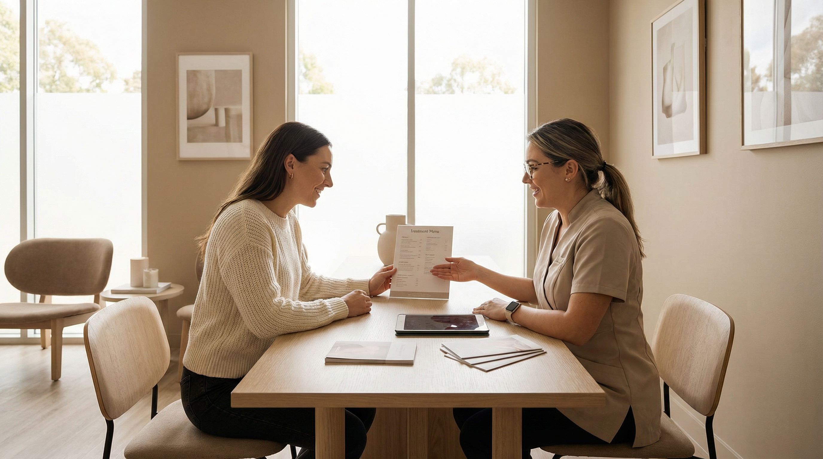 Woman at aesthetic clinic consultation discussing lip flip treatment