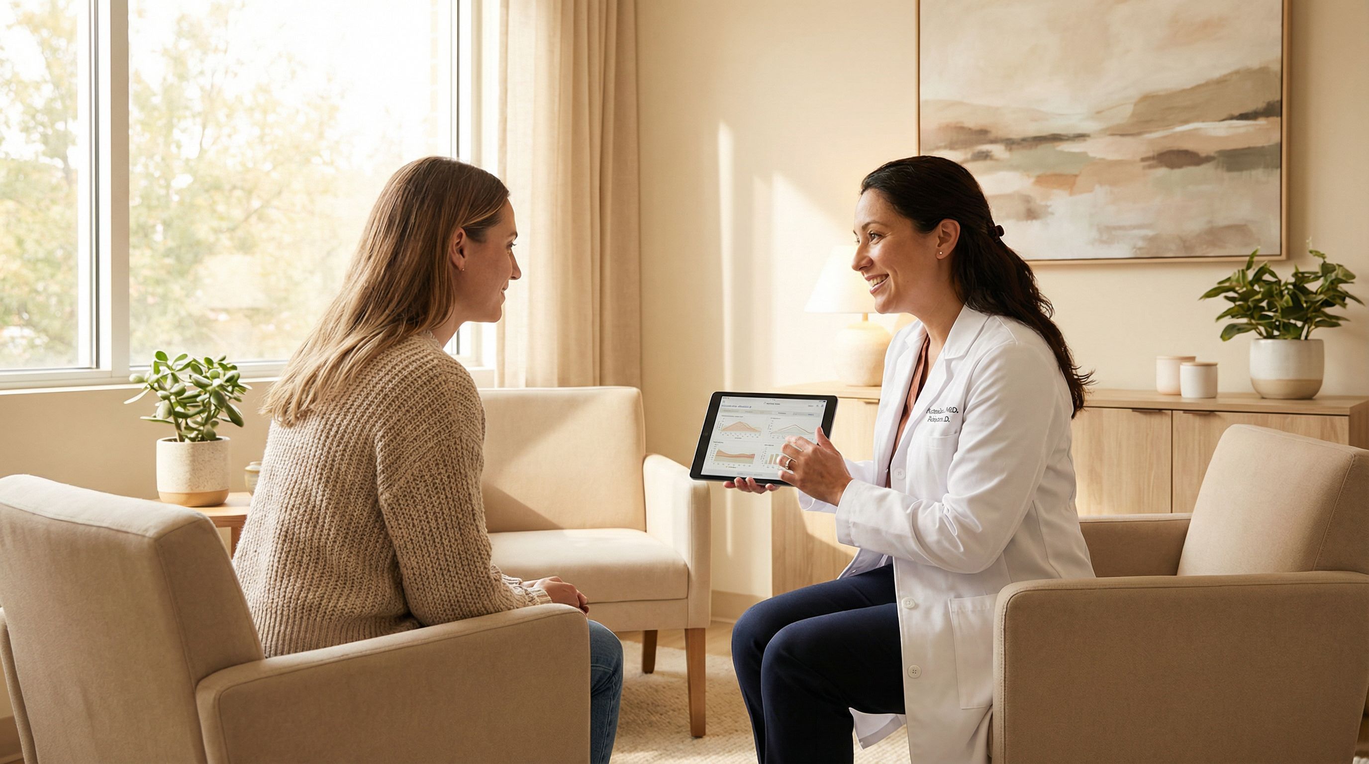 Medical provider consulting with patient in a comfortable setting