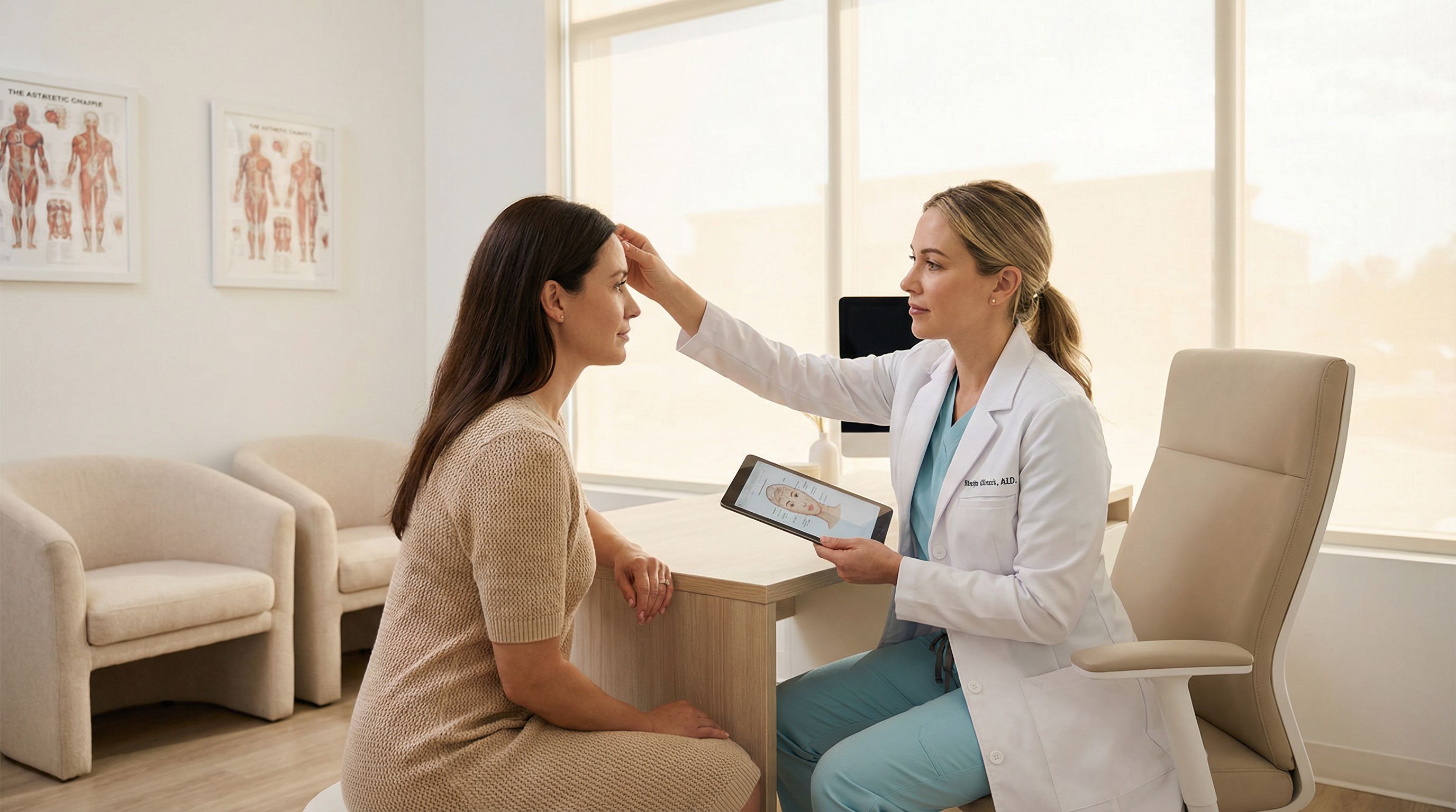 Patient consulting with provider about forehead treatment