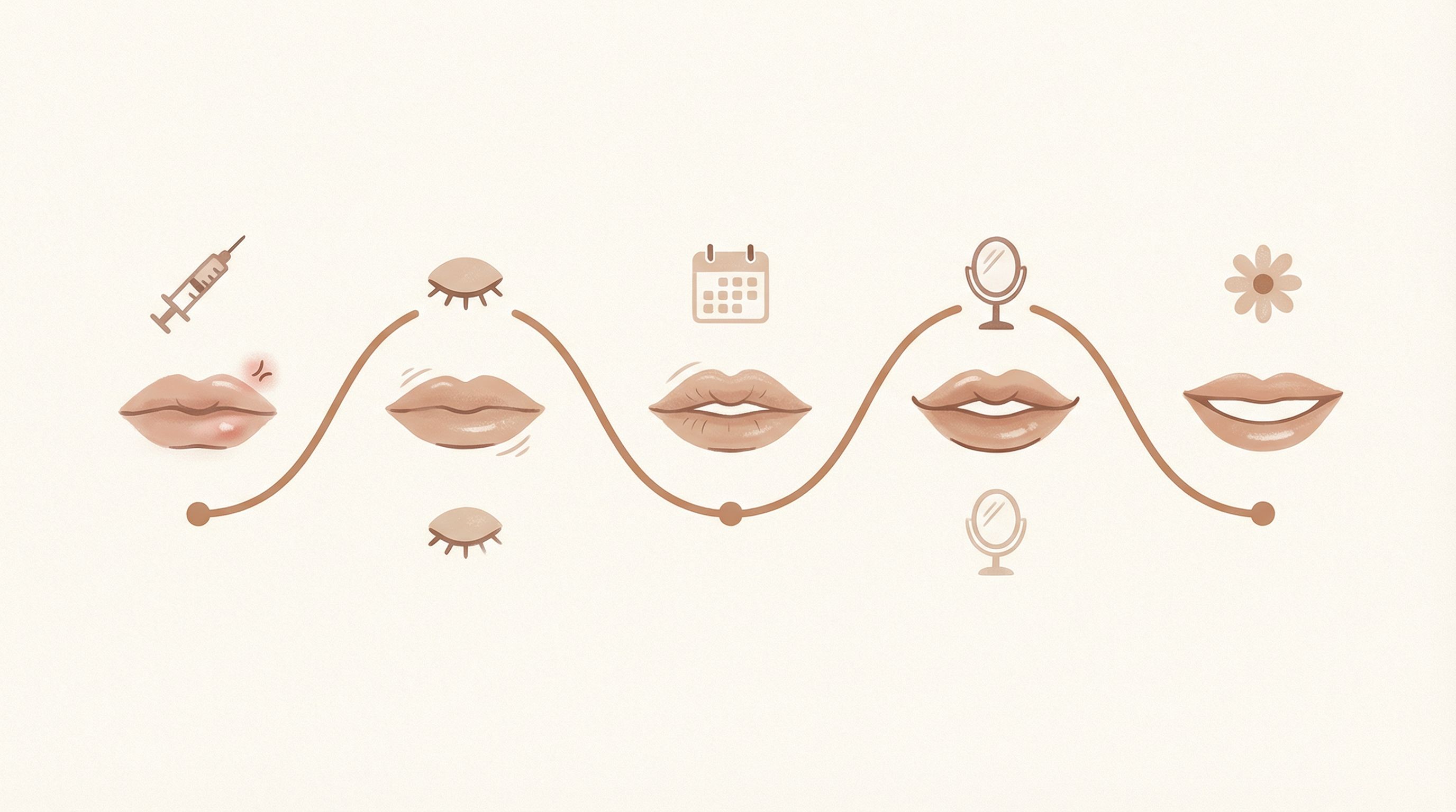 Timeline infographic showing Botox lip flip results progression from day 1 to day 14