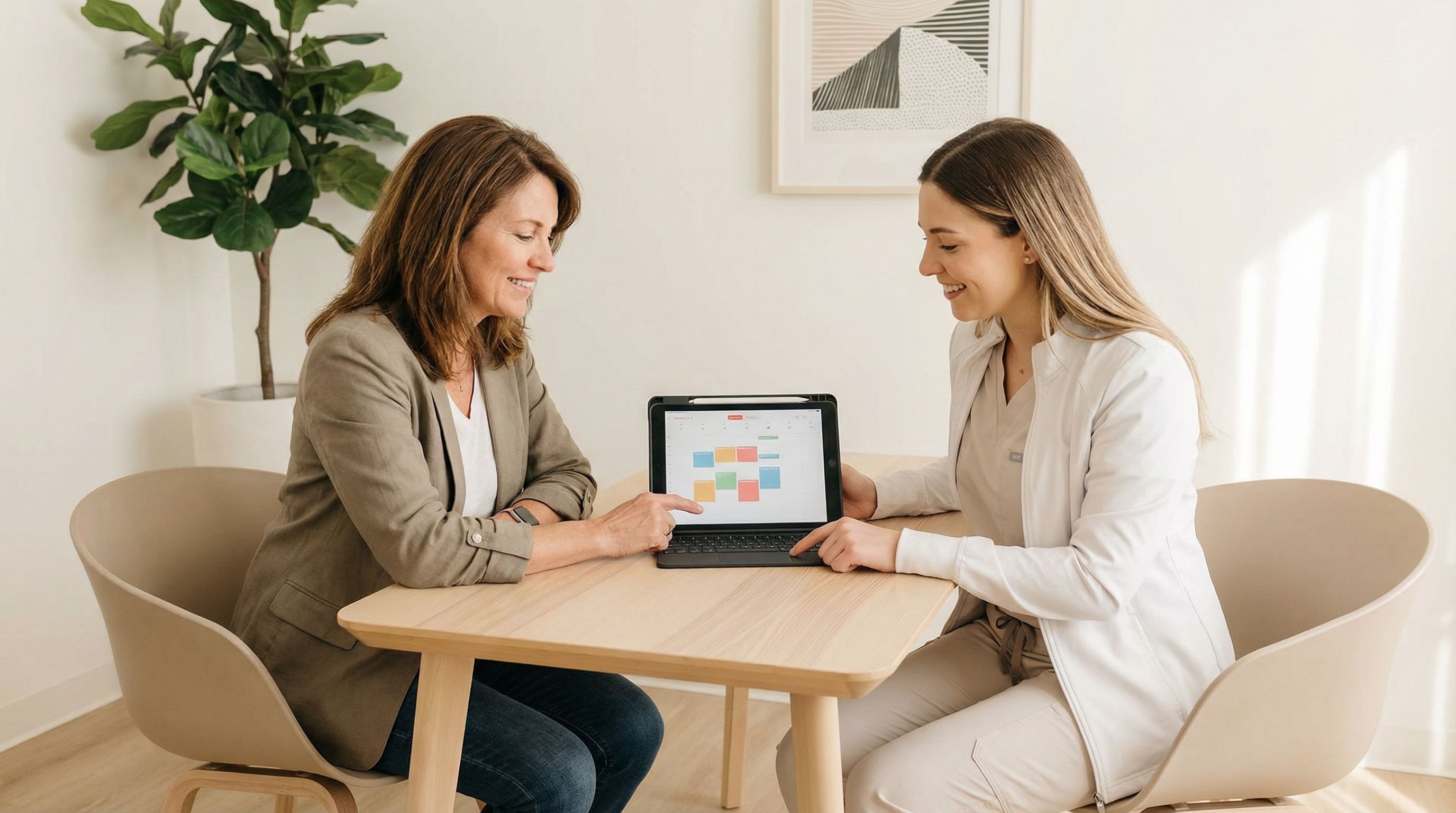 Patient consulting with aesthetic provider about treatment schedule