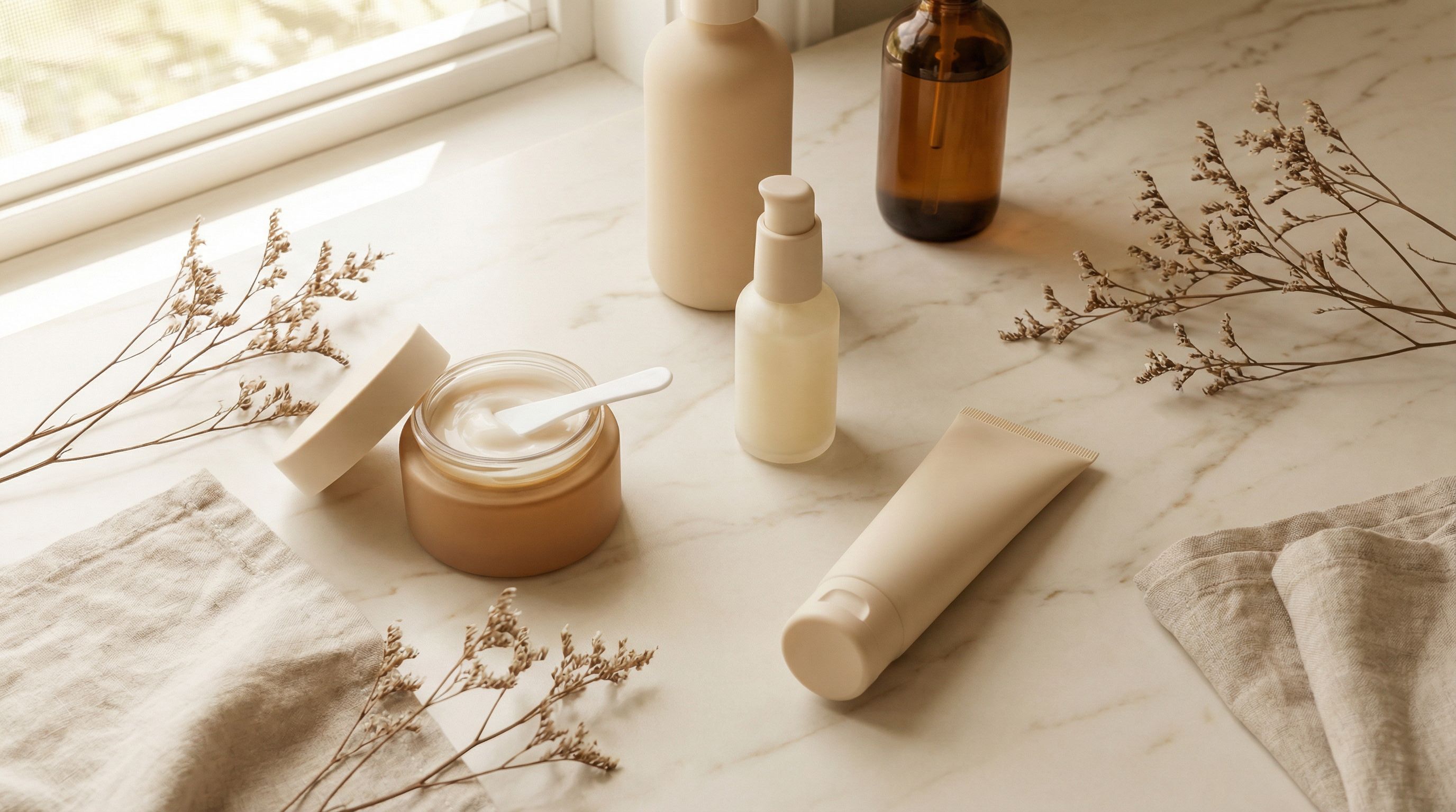 Skincare products including SPF and serums for Botox maintenance