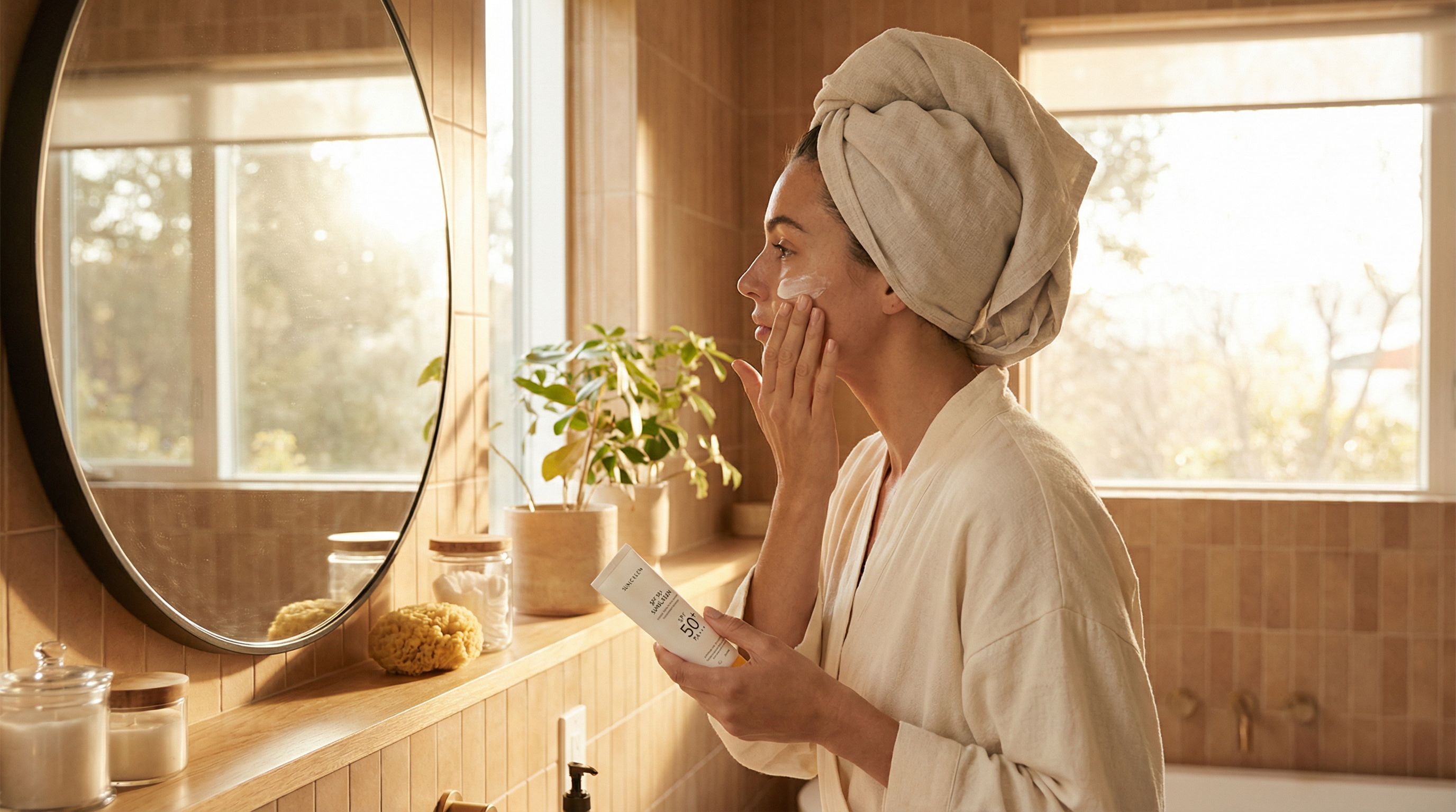 Woman applying sun protection, essential for Botox longevity
