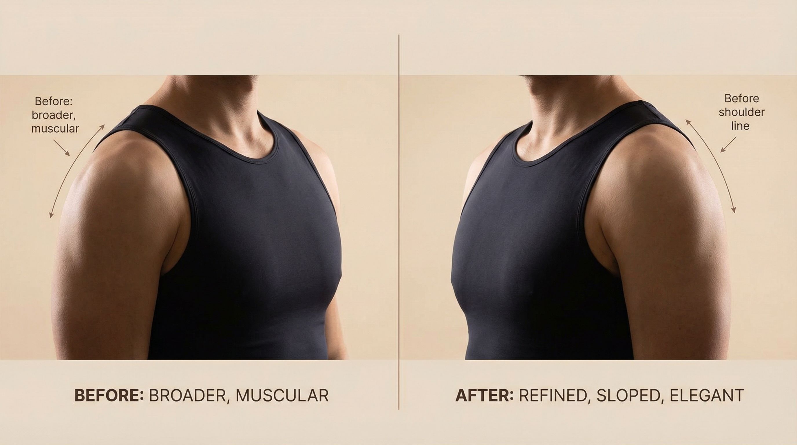 Trap Botox before and after transformation showing refined shoulder silhouette